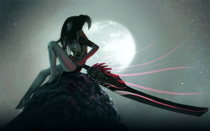 Fantasy girl with sword sitting on a rock under the moon