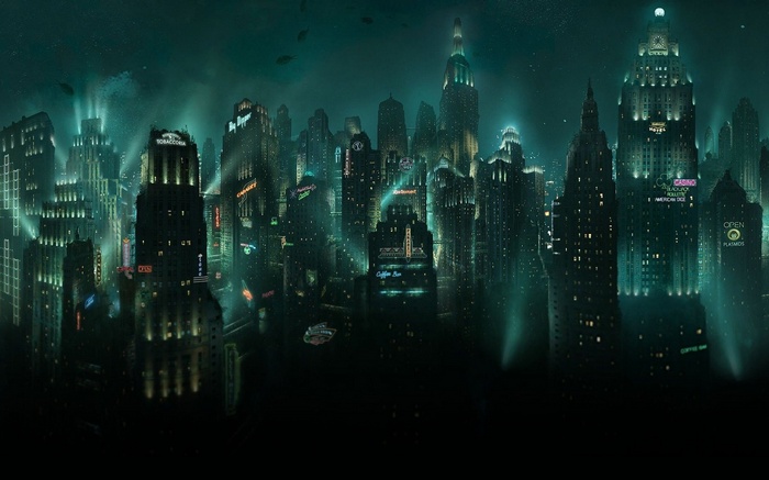 BioShock Rapture cityscape at night with neon lights