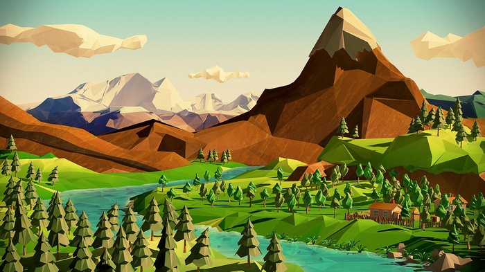 Low poly landscape with mountains and river