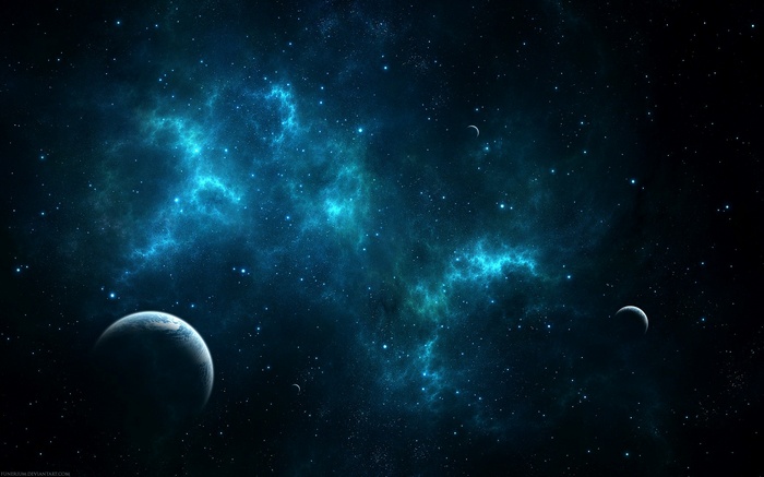 Digital art of planets in a blue nebula