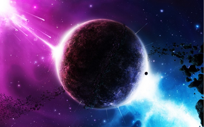 Digital art of a planet in space with asteroids and nebulae
