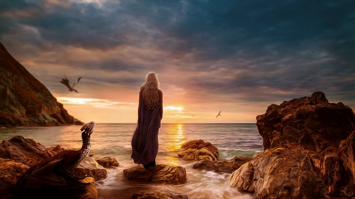 Daenerys Targaryen and dragons at sunset