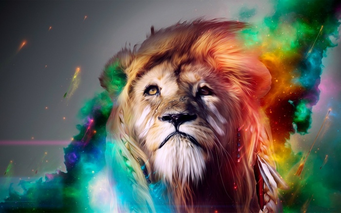 Surreal lion digital art with cosmic elements