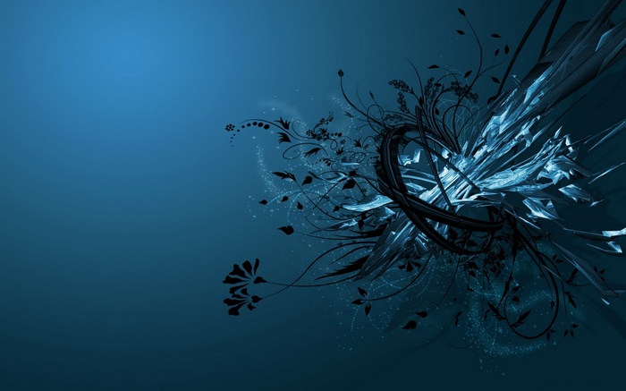 Abstract blue digital art with floral elements