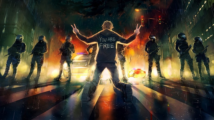Fisheye Placebo: Riot police confront a man with 'You Are Free' on his hoodie