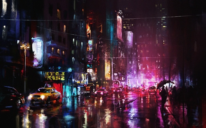Darek Zabrocki's painting of a rainy night cityscape