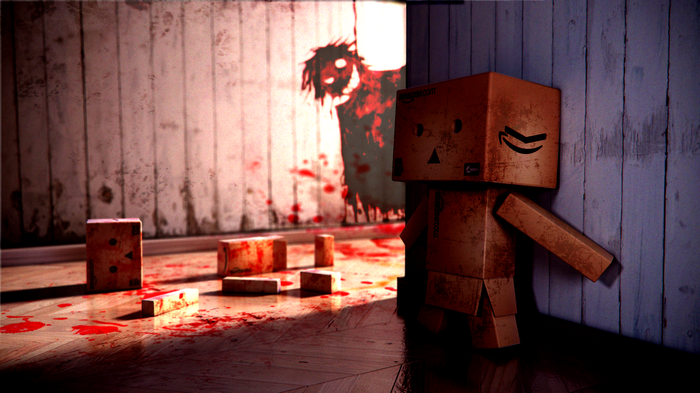 Amazon box character in a bloody room