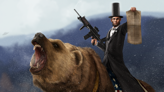 Abraham Lincoln riding a grizzly bear with a gun