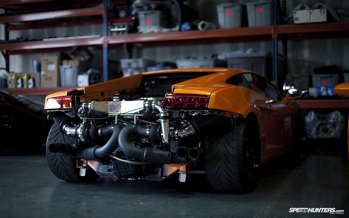 Twin-turbo Lamborghini Gallardo in a garage