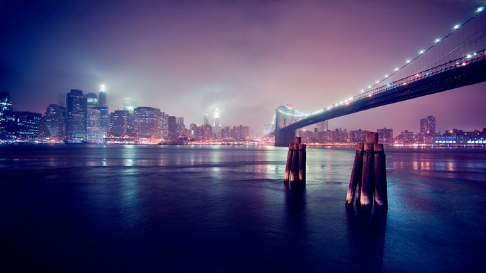 New York City bridge city night skyline Manhattan clouds river building USA skyscraper cityscape Brooklyn Bridge lights digital art