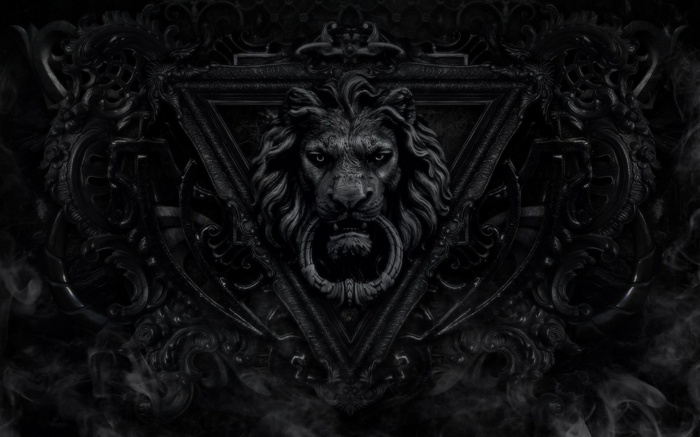 Dark fantasy art with a lion emblem