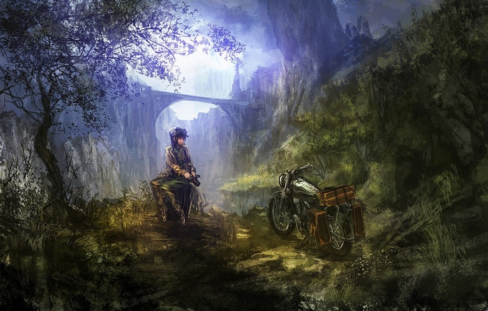 Kino and her motorcycle in a canyon with a bridge