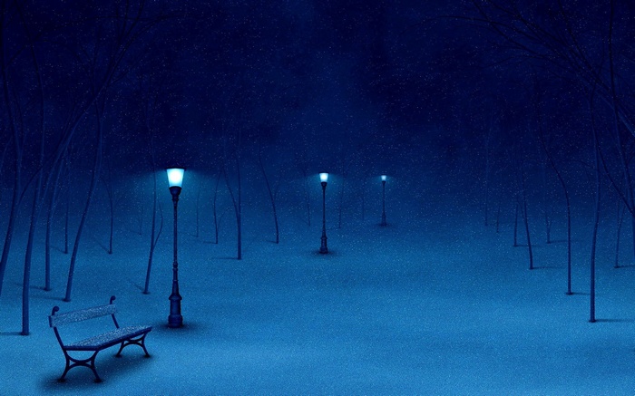 Winter park with bench and lanterns at night