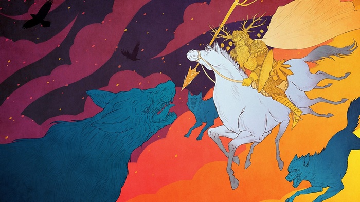 Odin riding Sleipnir with Fenrir and Geri and Freki