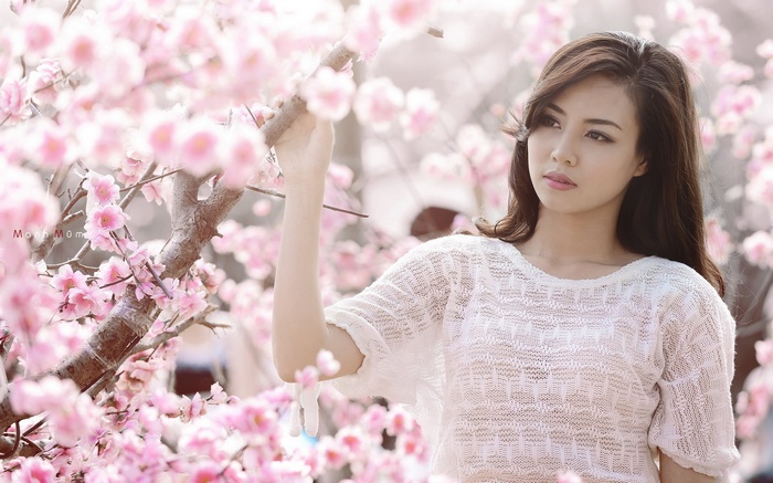 flowers Japanese women Japanese women Asian looking away branch model sweater