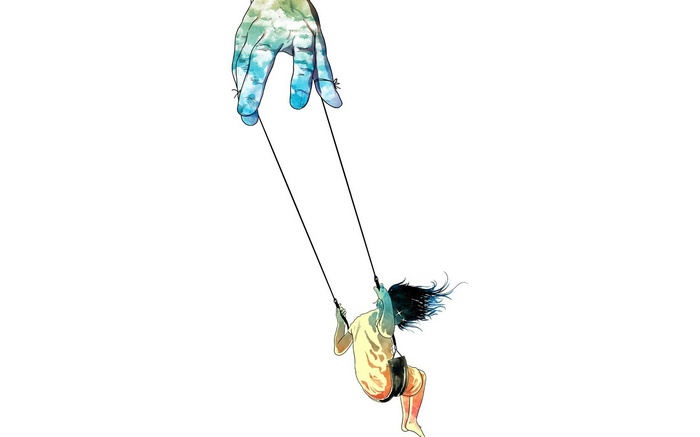 Giant hand controlling a child on a swing
