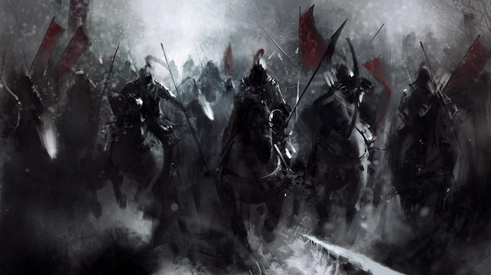 Warriors on horseback with red banners