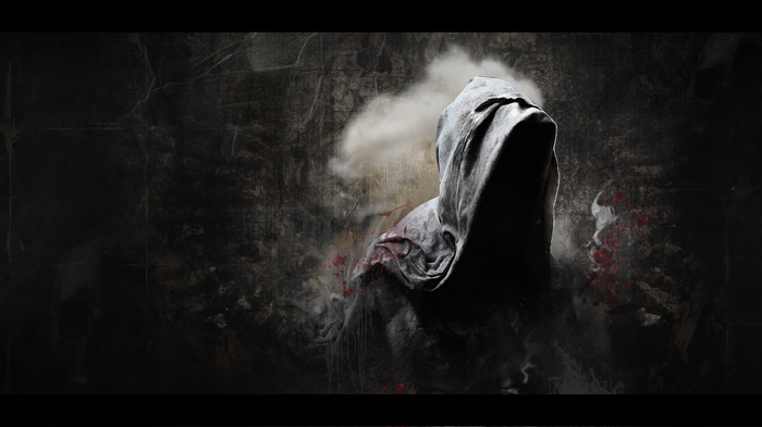 Figure in a hood with smoke and blood