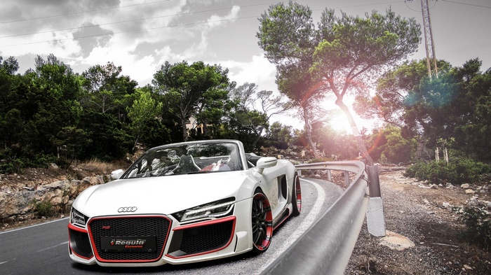 White Audi R8 Spyder convertible on a winding road