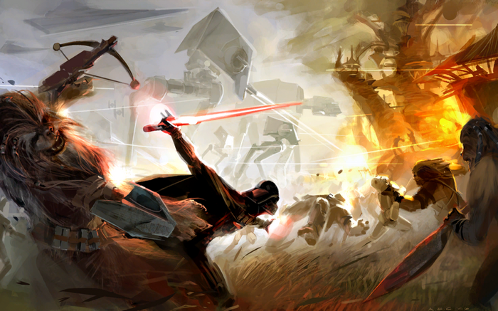 Darth Vader and Wookiees battle AT-ATs in Star Wars