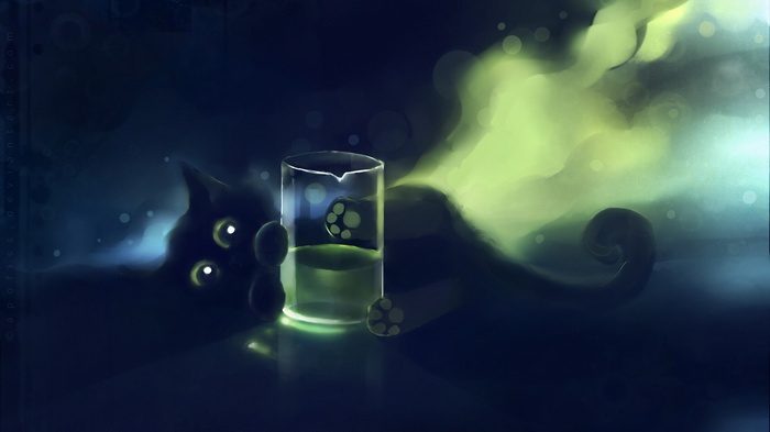 Black cat with a glass of glowing liquid