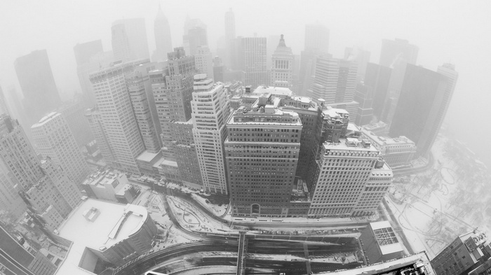 New York City skyline in winter mist