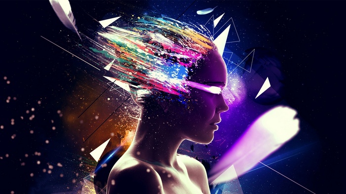 Abstract digital art of a woman's head with colorful explosion