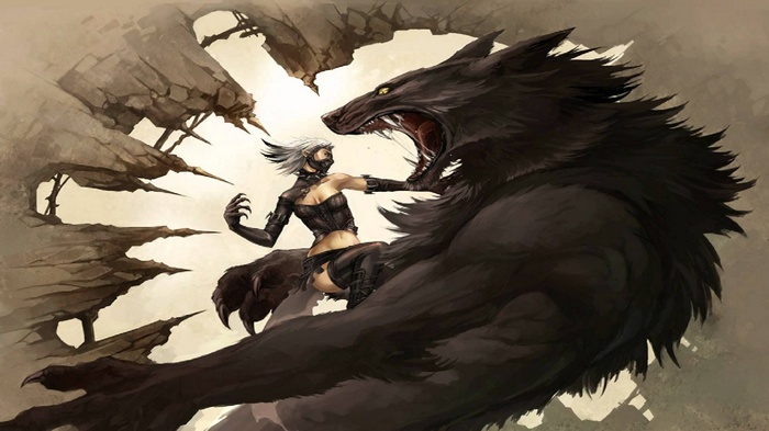 Woman fighting a large black wolf