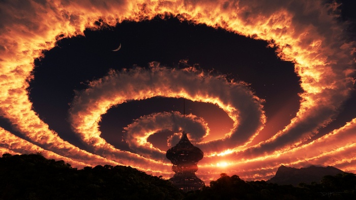 Fantasy spiral clouds over alien structure at sunset