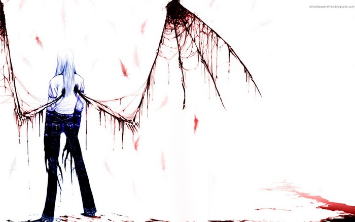 Anime demon with bloody wings and feathers