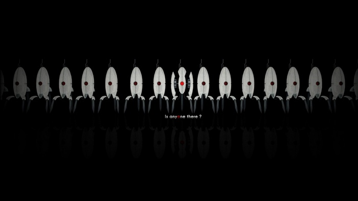 Portal 2 turrets in a line with text "Is anyone there?"