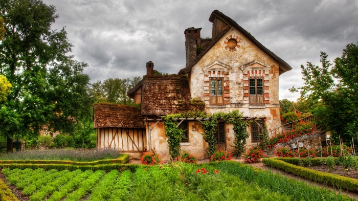 Old French house with thatched roof and garden