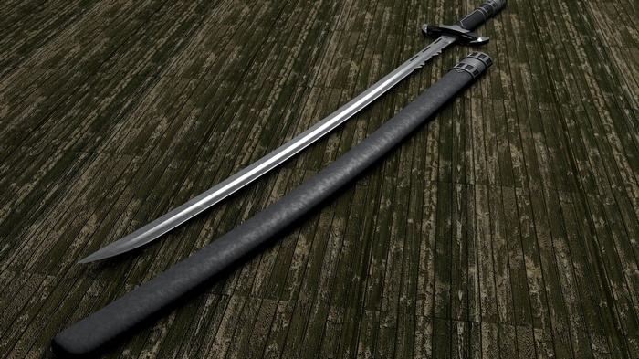 A sword and its scabbard on a wooden surface