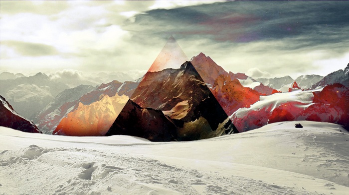 Abstract geometric overlay on snowy mountain landscape