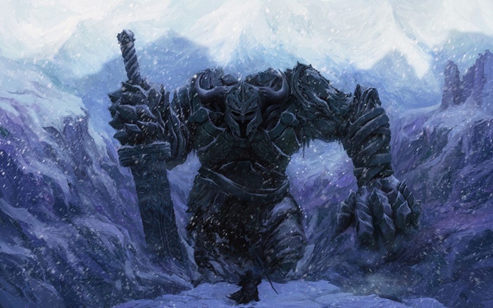 Giant warrior with a sword in a snowy landscape