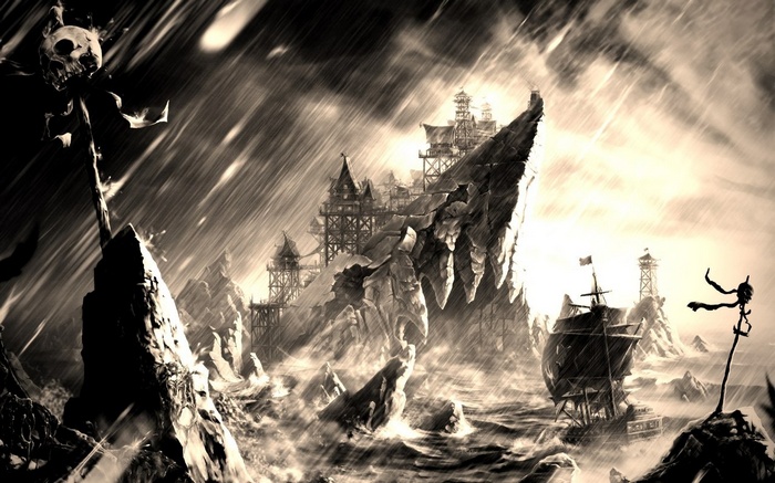 Pirate ship in a stormy sea near a rocky island