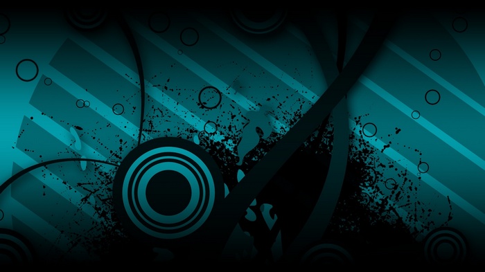 Abstract teal and black digital art with circles and lines