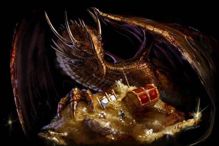 Fantasy art of a dragon guarding treasure