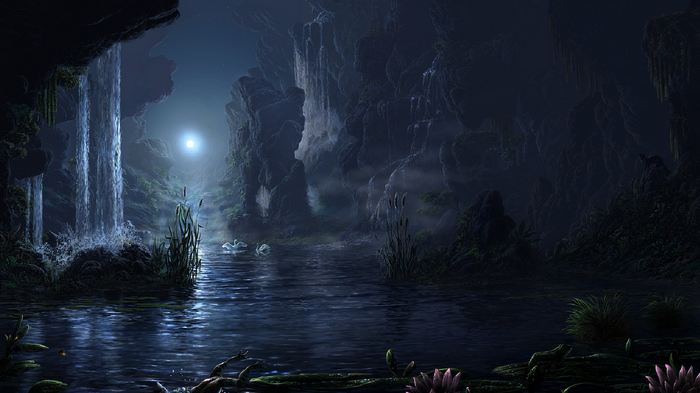 Fantasy art dark cave with waterfall and lake