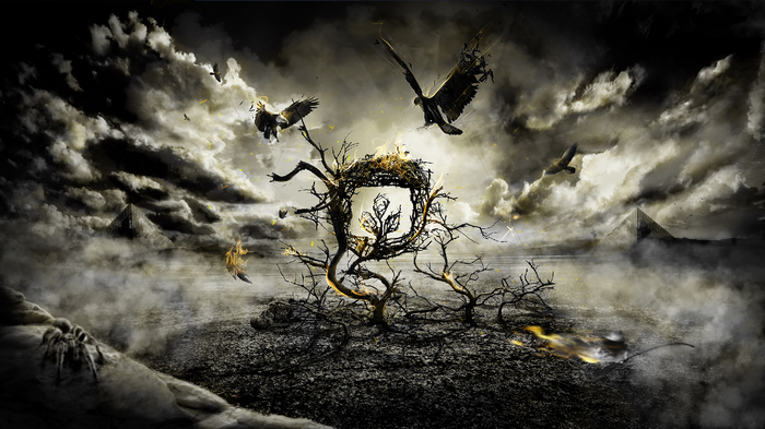 Dark abstract digital art with eagles and pyramids