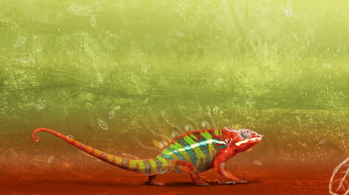 Chameleon with leaves and butterflies on a grunge background