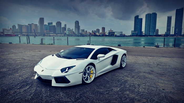 White Lamborghini Aventador in a Cityscape