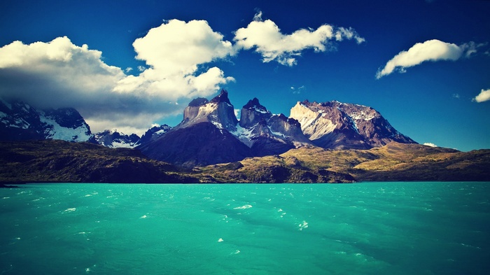 Torres del Paine mountains and turquoise lake in Chile
