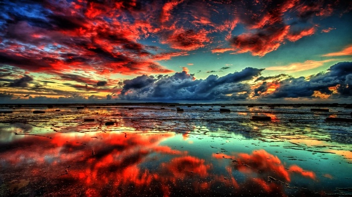 Dramatic sunset over a reflective body of water