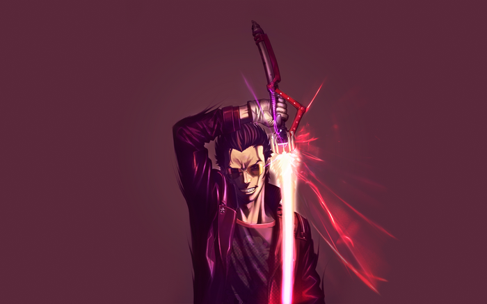 Travis Touchdown with a glowing beam katana