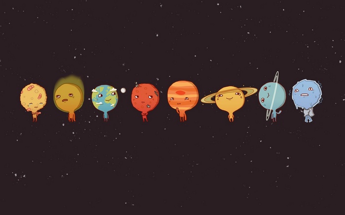 Humorous cartoon planets in outer space