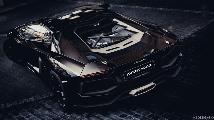 Black Lamborghini Aventador parked on cobblestone street
