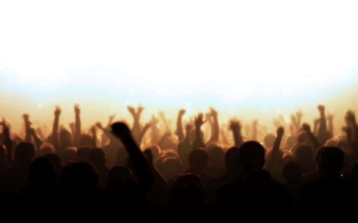 Crowd with arms raised at a concert