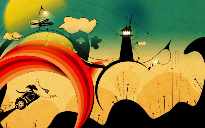 Abstract landscape with lighthouse and rainbow arc