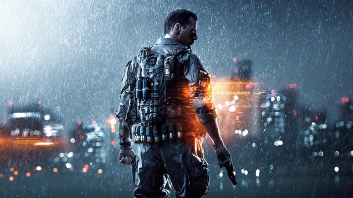 Soldier with gun in the rain, Battlefield 4